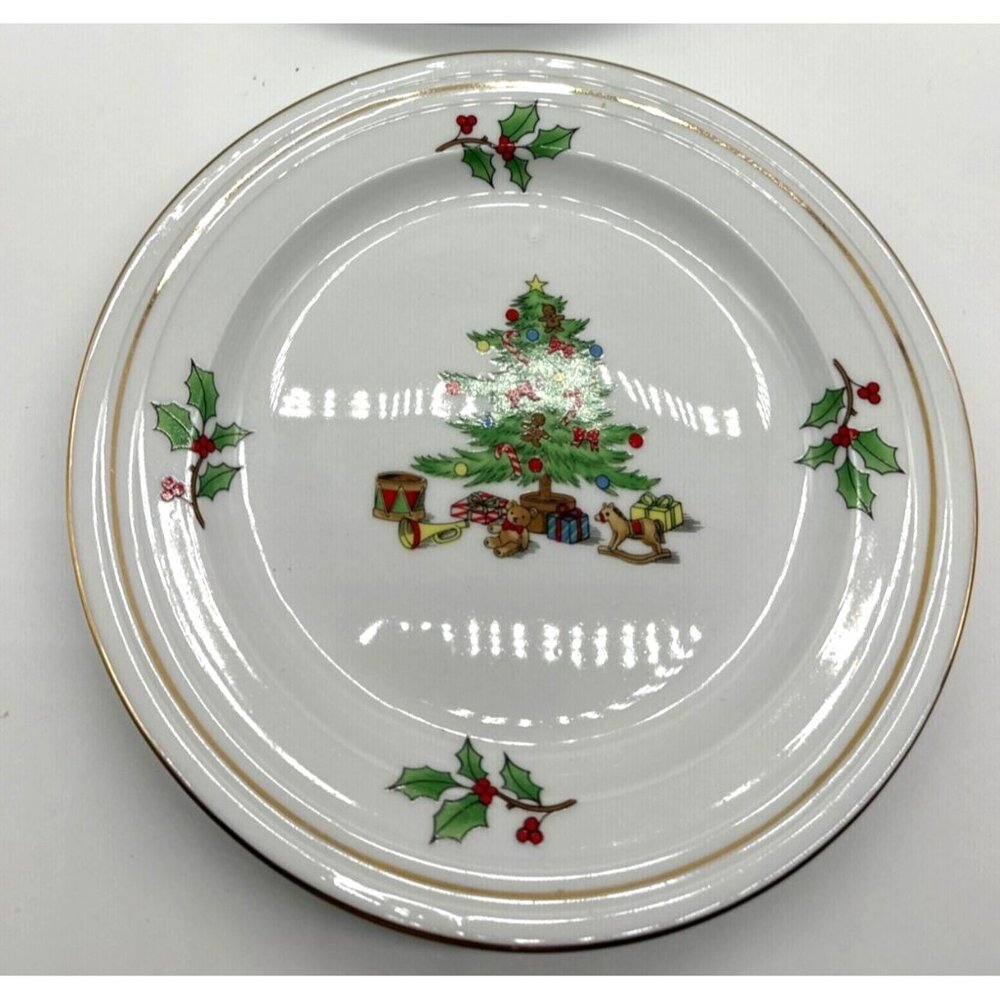 Holiday Hostess Christmas Tree Holly Gold Rimmed Salad Plate
